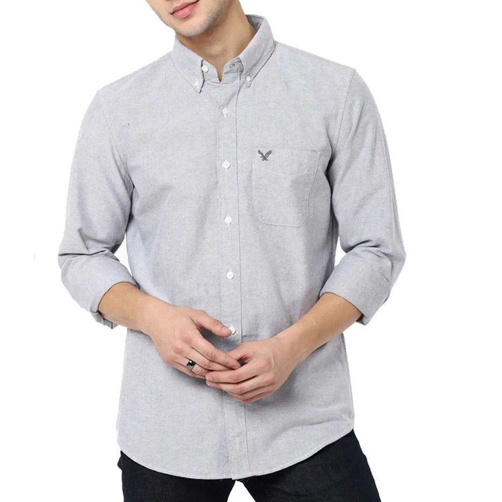 American Eagle Outfitters Grey Full Sleeves Cotton Classic Fit Shirt for Men
